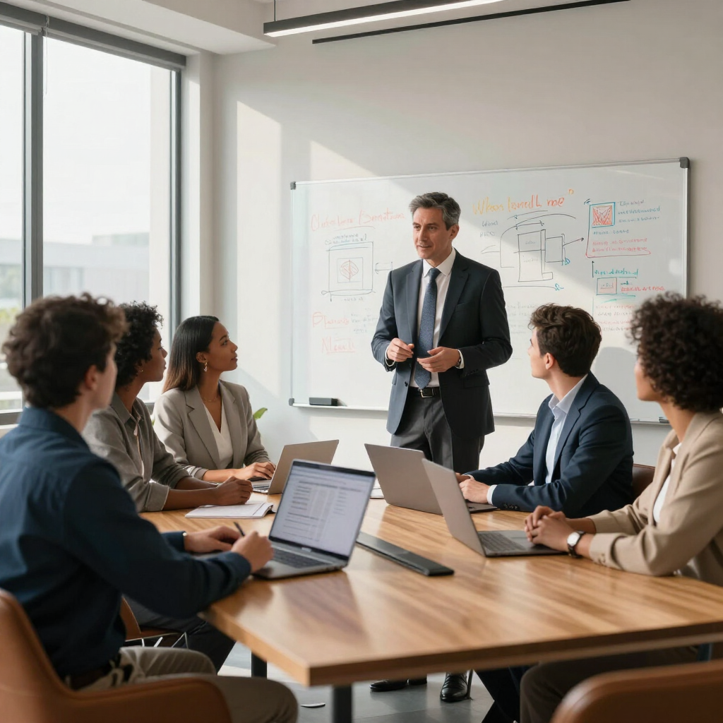 Team meeting in a glass-walled office, with one person presenting at a whiteboard beside seated colleagues.