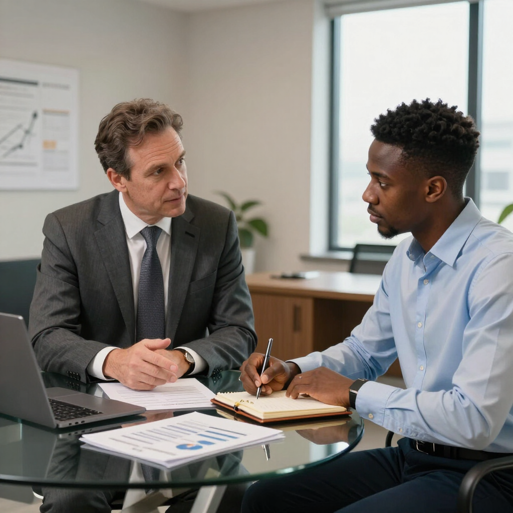 Two professionals discussing notes at a glass table in a bright office