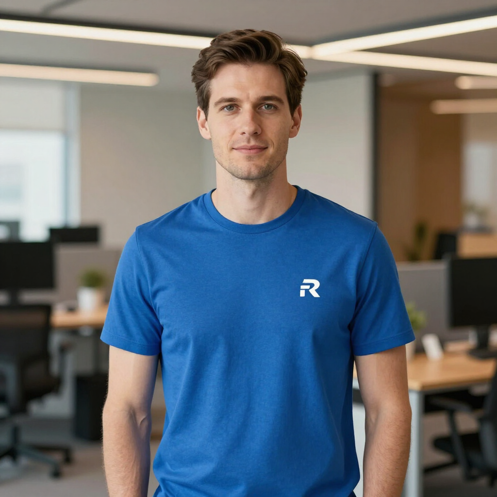 Man in blue T-shirt standing in a modern office, facing the camera.