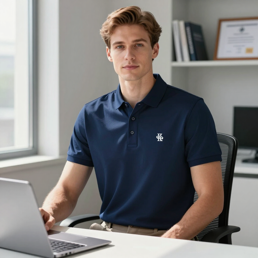 Man in navy polo seated at a desk with a laptop in a bright office