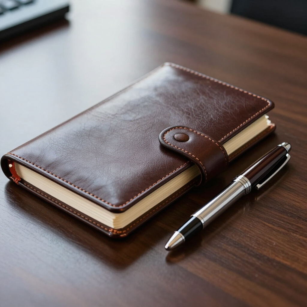 Brown leather notebook with a pen on a wooden desk