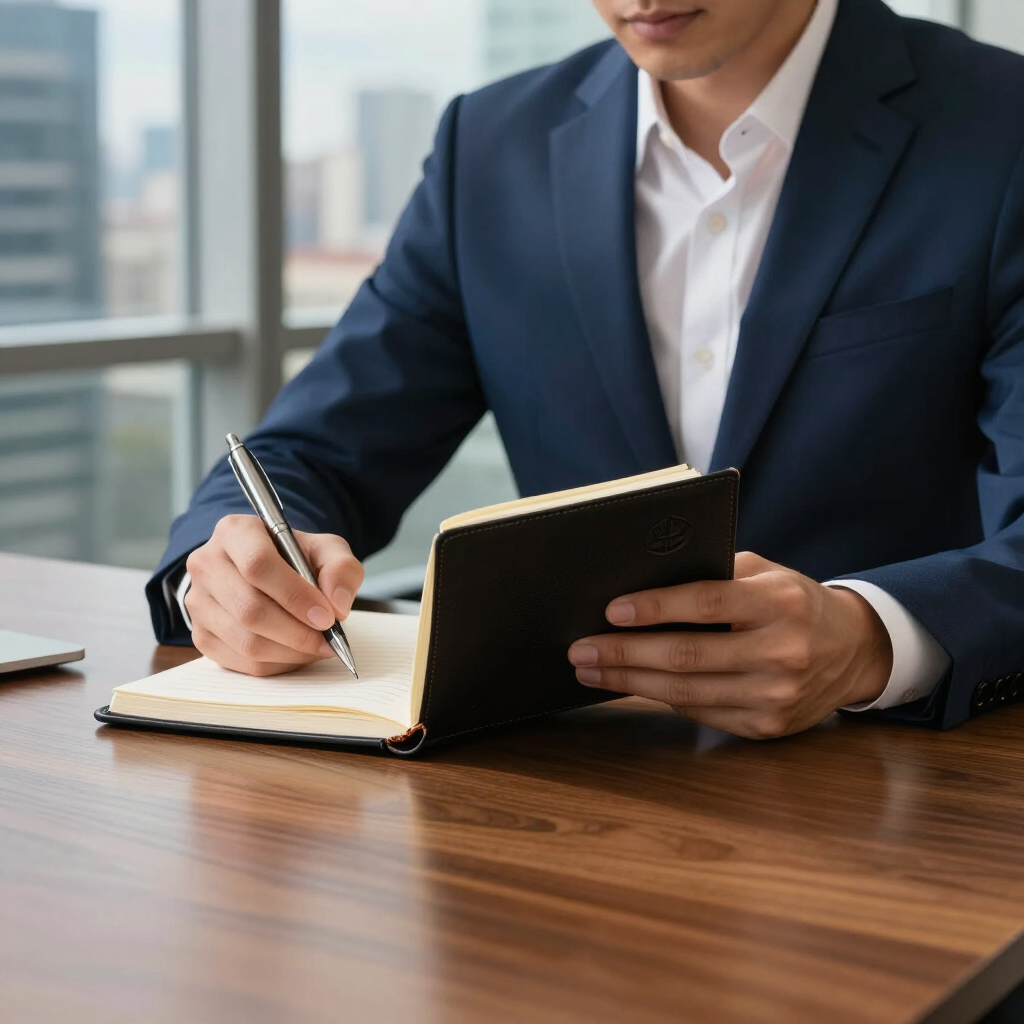 Brown leather notebook with a pen on a wooden desk
