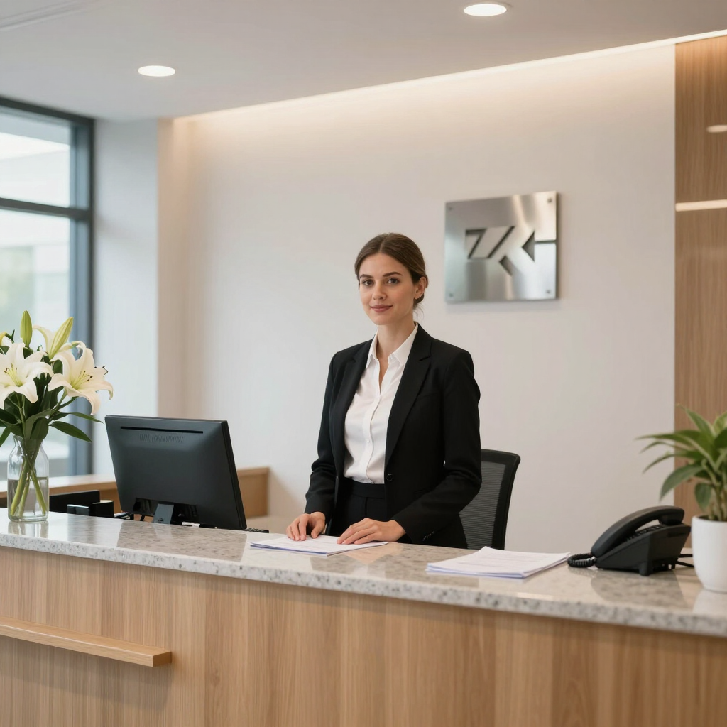 Receptionist standing behind a modern front desk in a bright office lobby