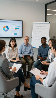 Team meeting in a glass conference room, discussing organizational change on a large presentation screen.