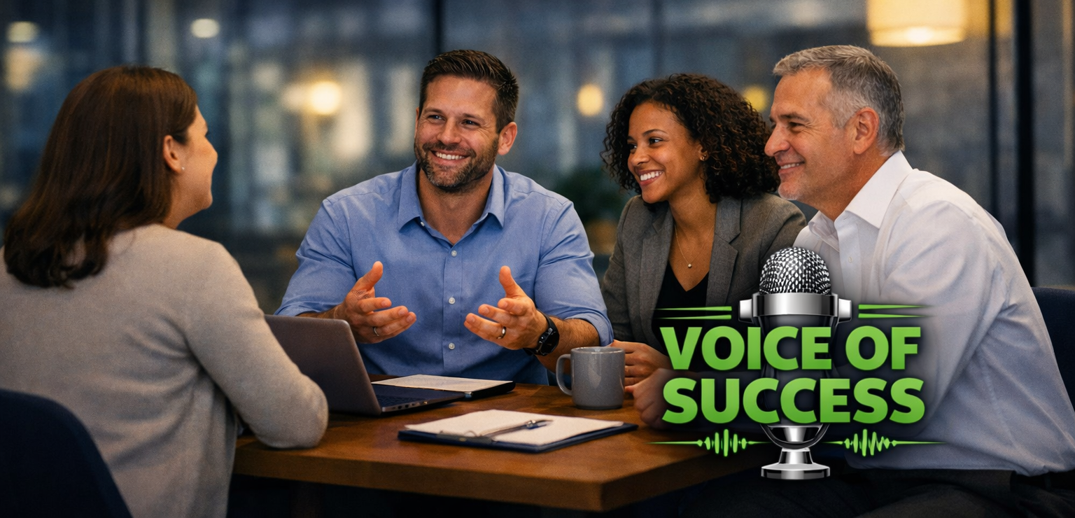 Small business team in a meeting, smiling around a table, with “VOICE OF SUCCESS” text overlay
