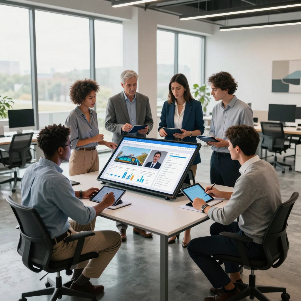 Team meeting in a modern office, reviewing analytics on a large screen and tablet around a conference table.