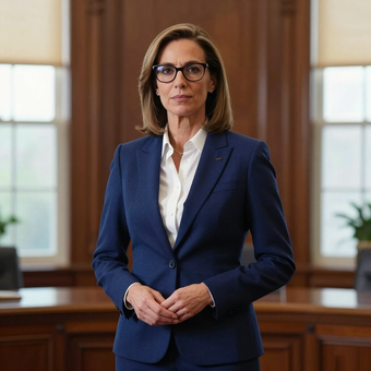 Woman in a navy suit standing in an office, facing forward with a neutral expression.