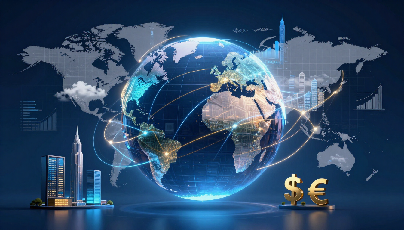 Glowing digital globe with connected cityscape, financial icons, and world map background