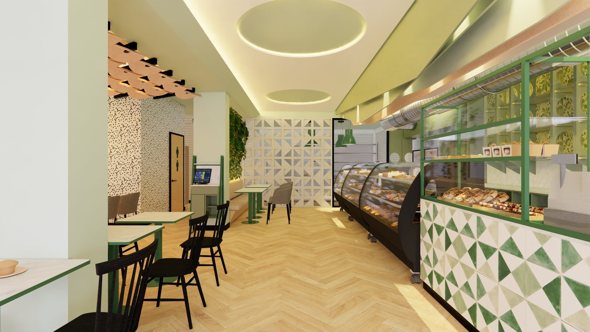 Una impresión artística de una panadería con mesas y sillas.