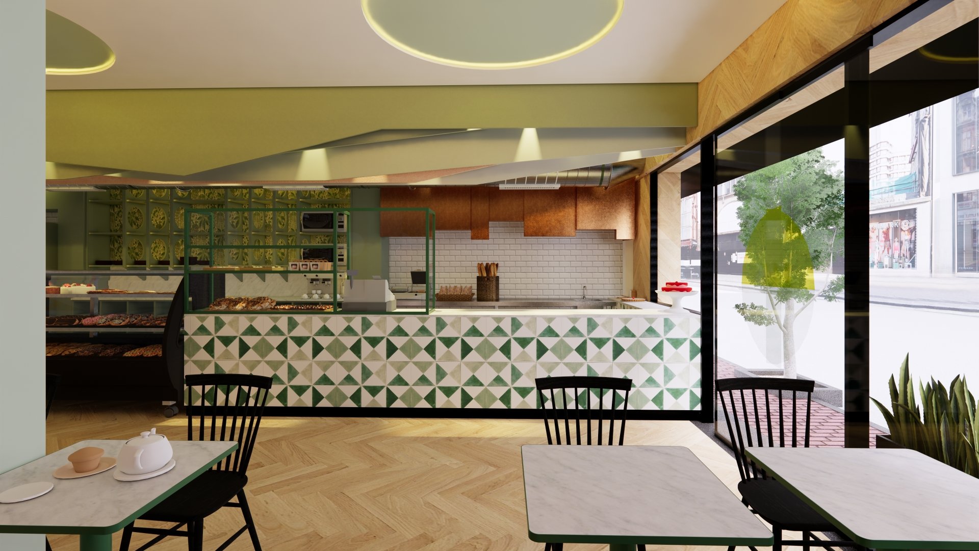 Una impresión artística de un restaurante con mesas y sillas.