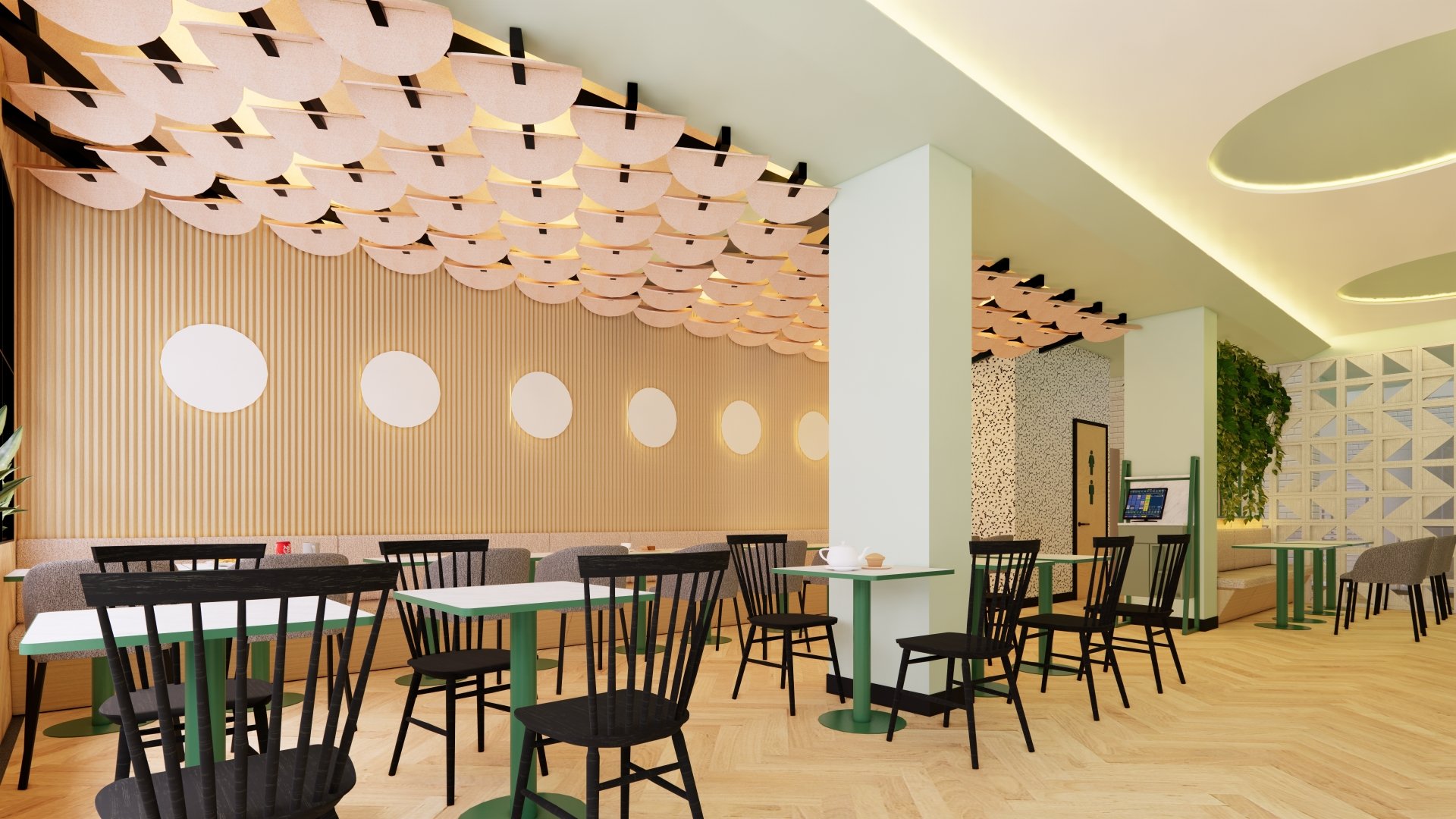 Un restaurante con mesas y sillas y un techo que parece una nube.