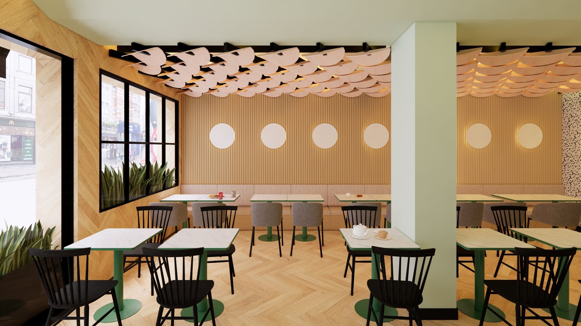 Una impresión artística de un restaurante con mesas y sillas.