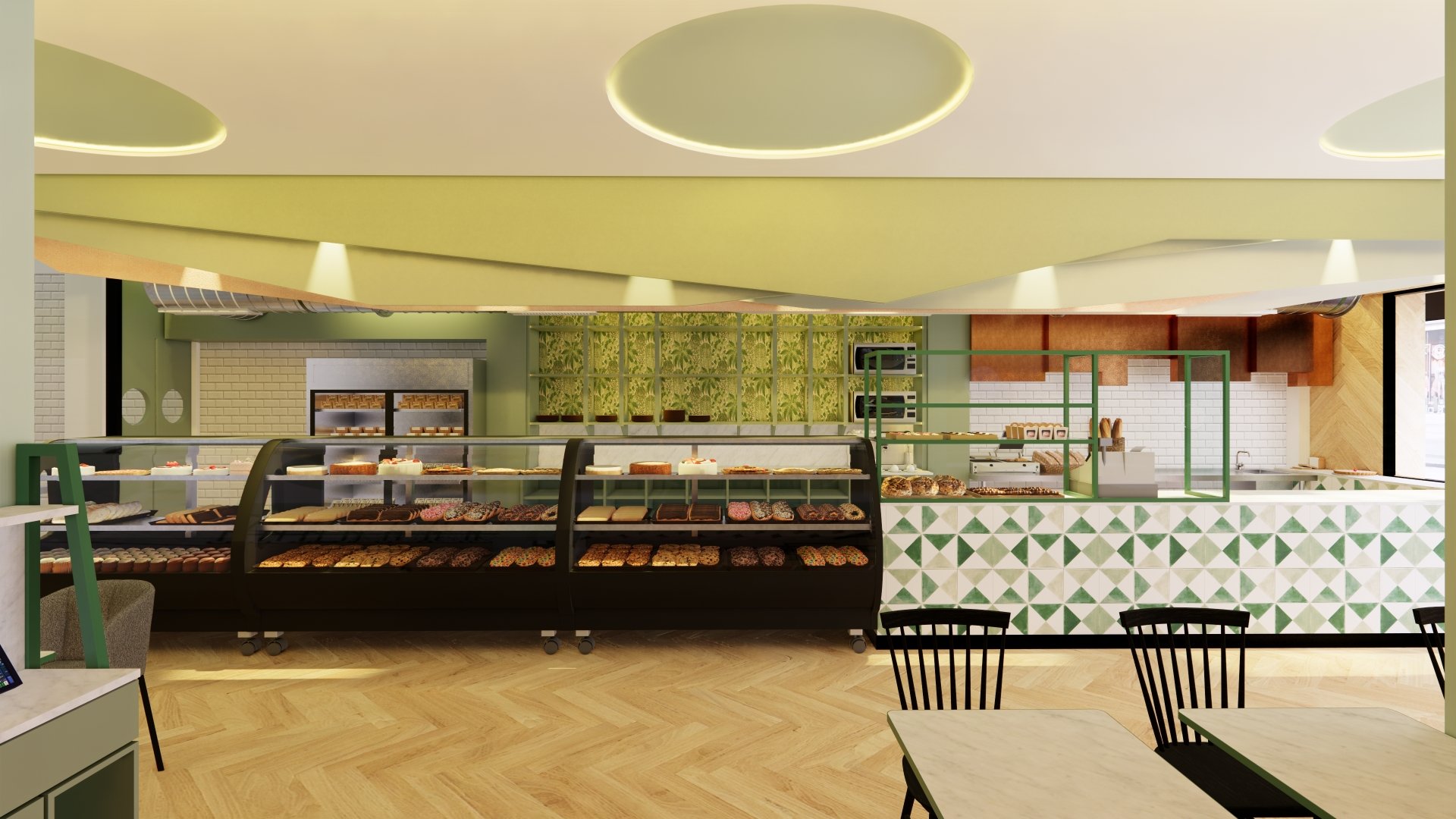 Una impresión artística de una panadería con mesas y sillas.