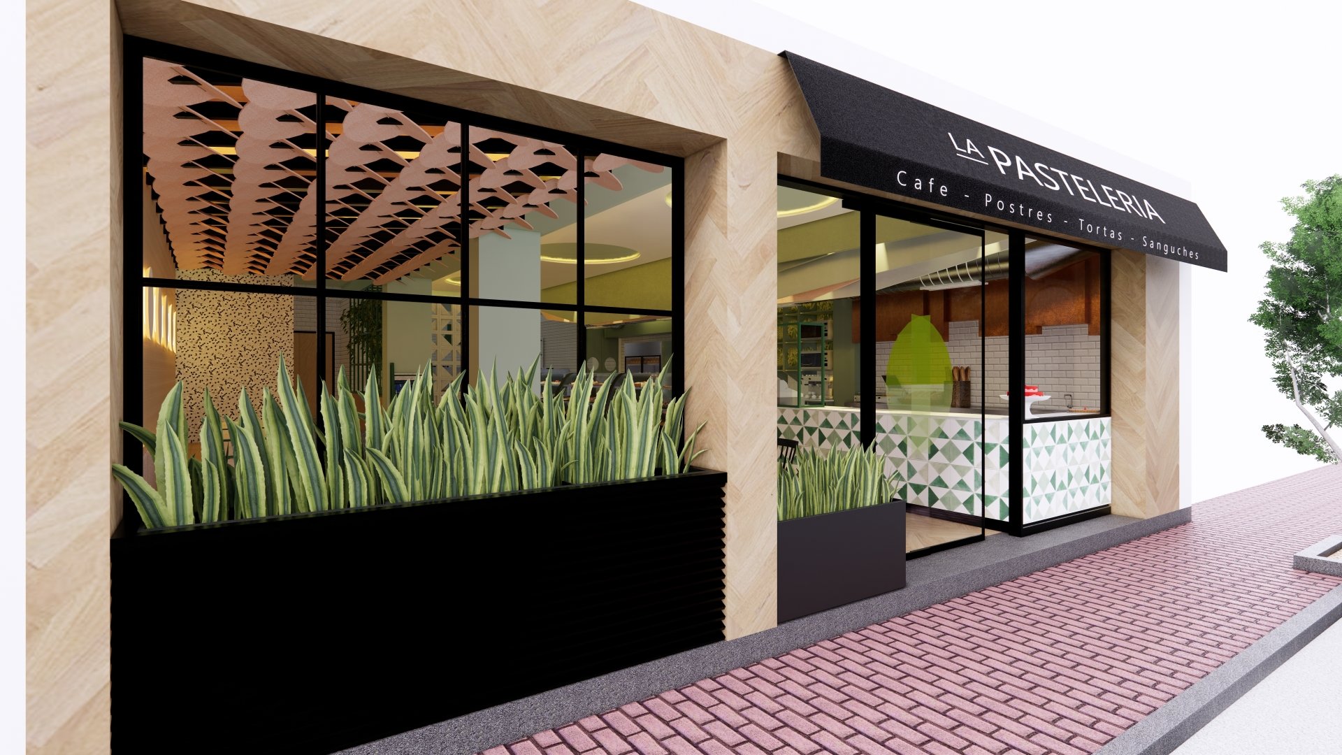 Una representación 3D de un restaurante con una acera de ladrillos frente a él.