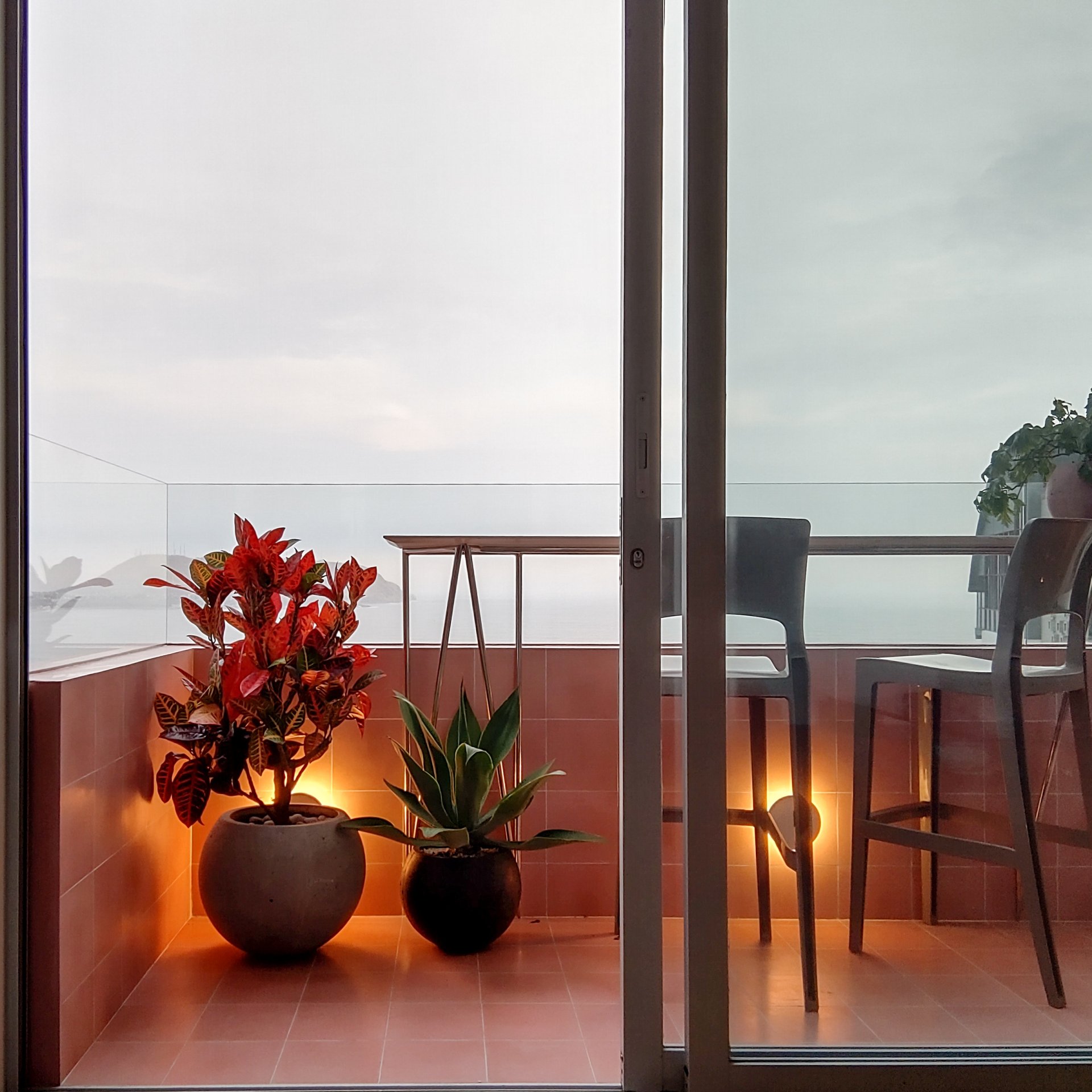 Un balcón con dos plantas en macetas y una mesa.