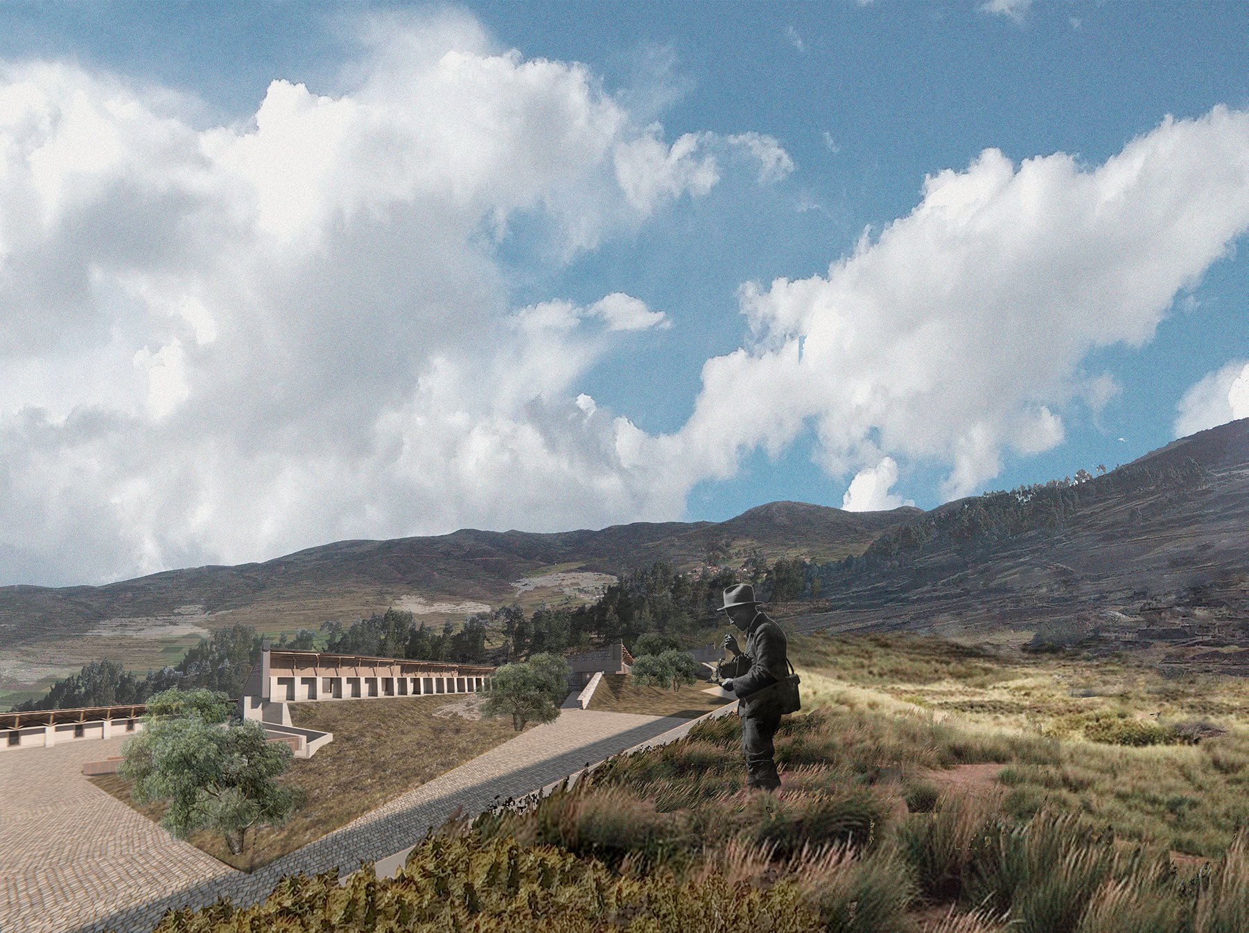 Impresión artística de un edificio en las montañas.
