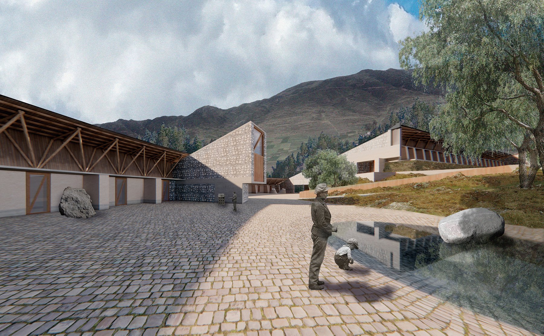 Un hombre camina por un camino empedrado frente a un edificio.