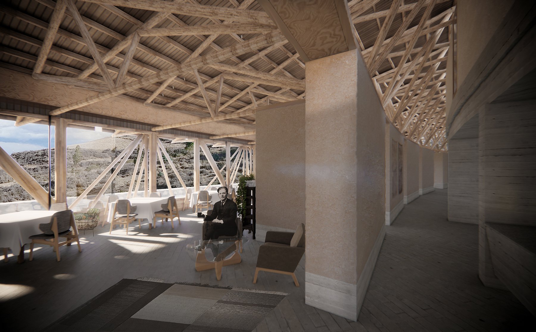 Impresión artística de una habitación grande con techo de madera.