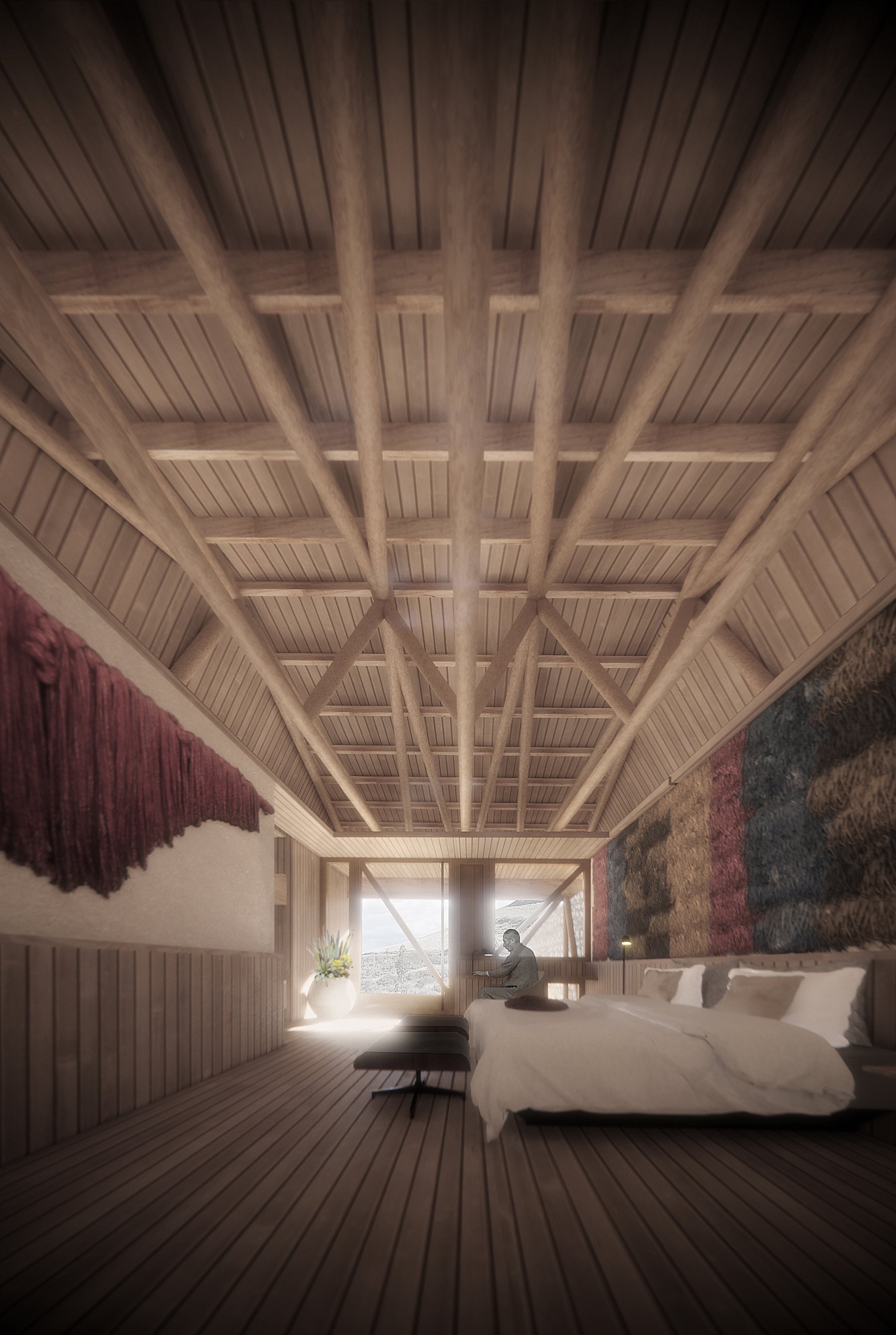 Un dormitorio con una cama grande y suelo de madera.