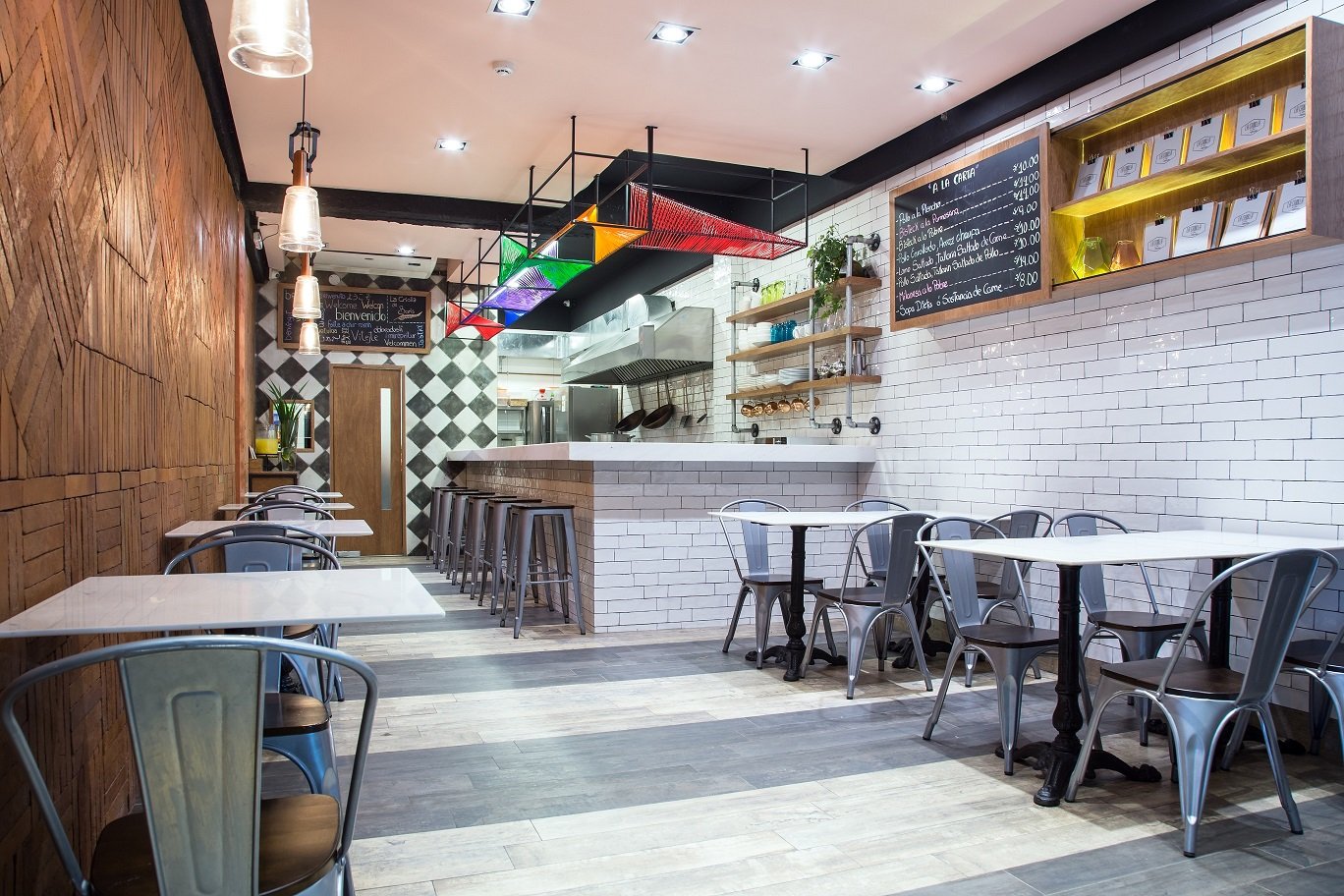 Un restaurante con mesas y sillas y un bar.