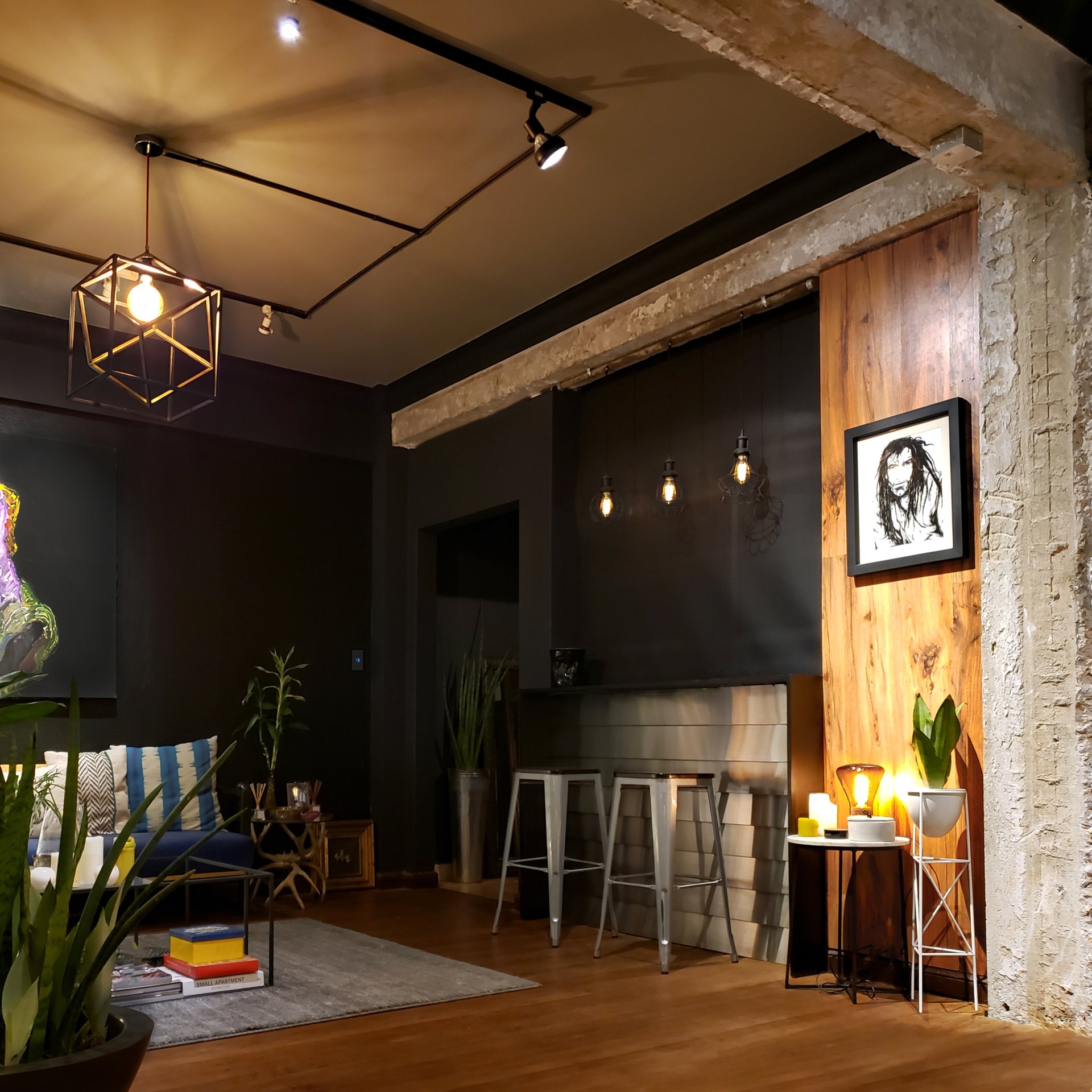 Una sala de estar con una foto de una mujer en la pared.