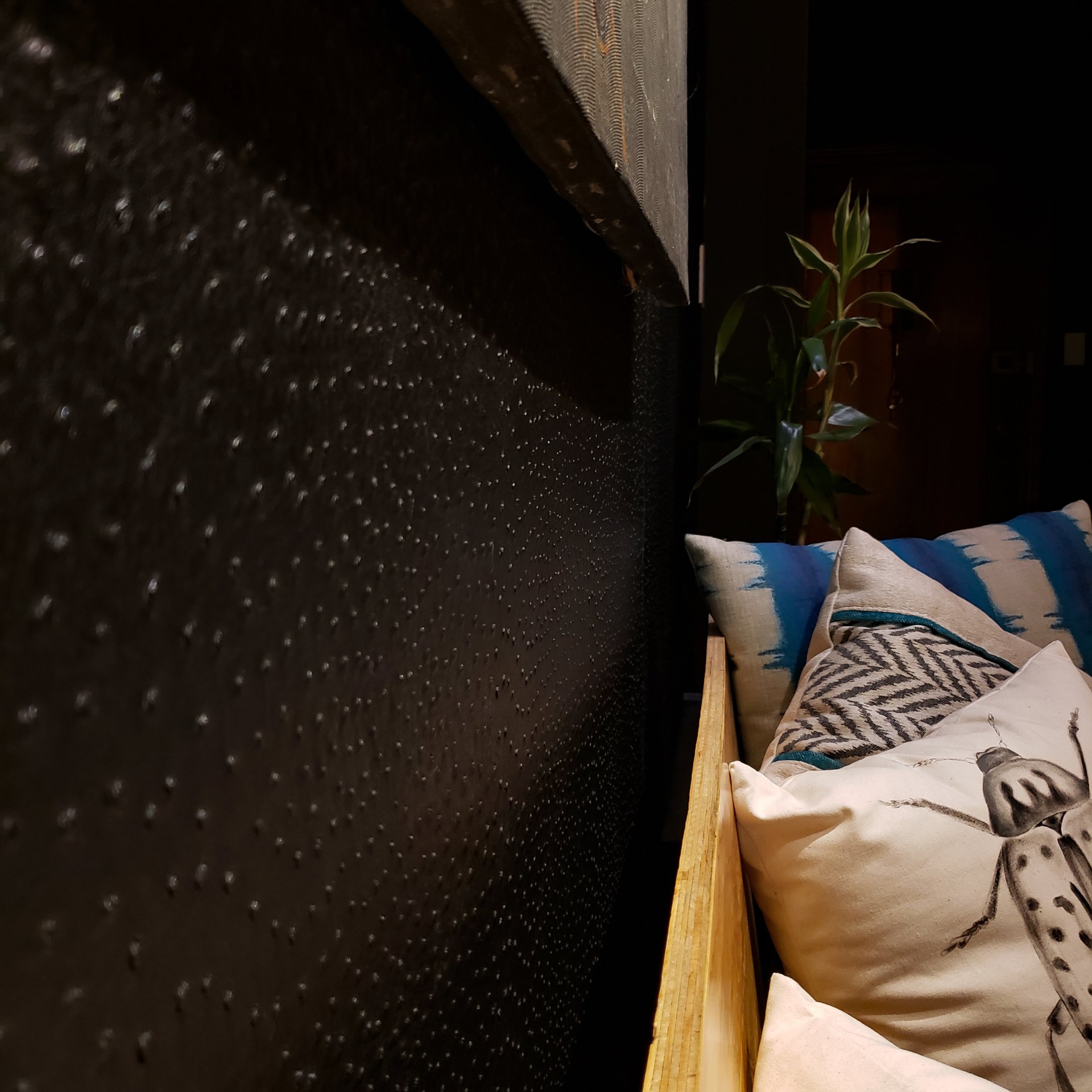 Un sofá con almohadas y una pared negra detrás.