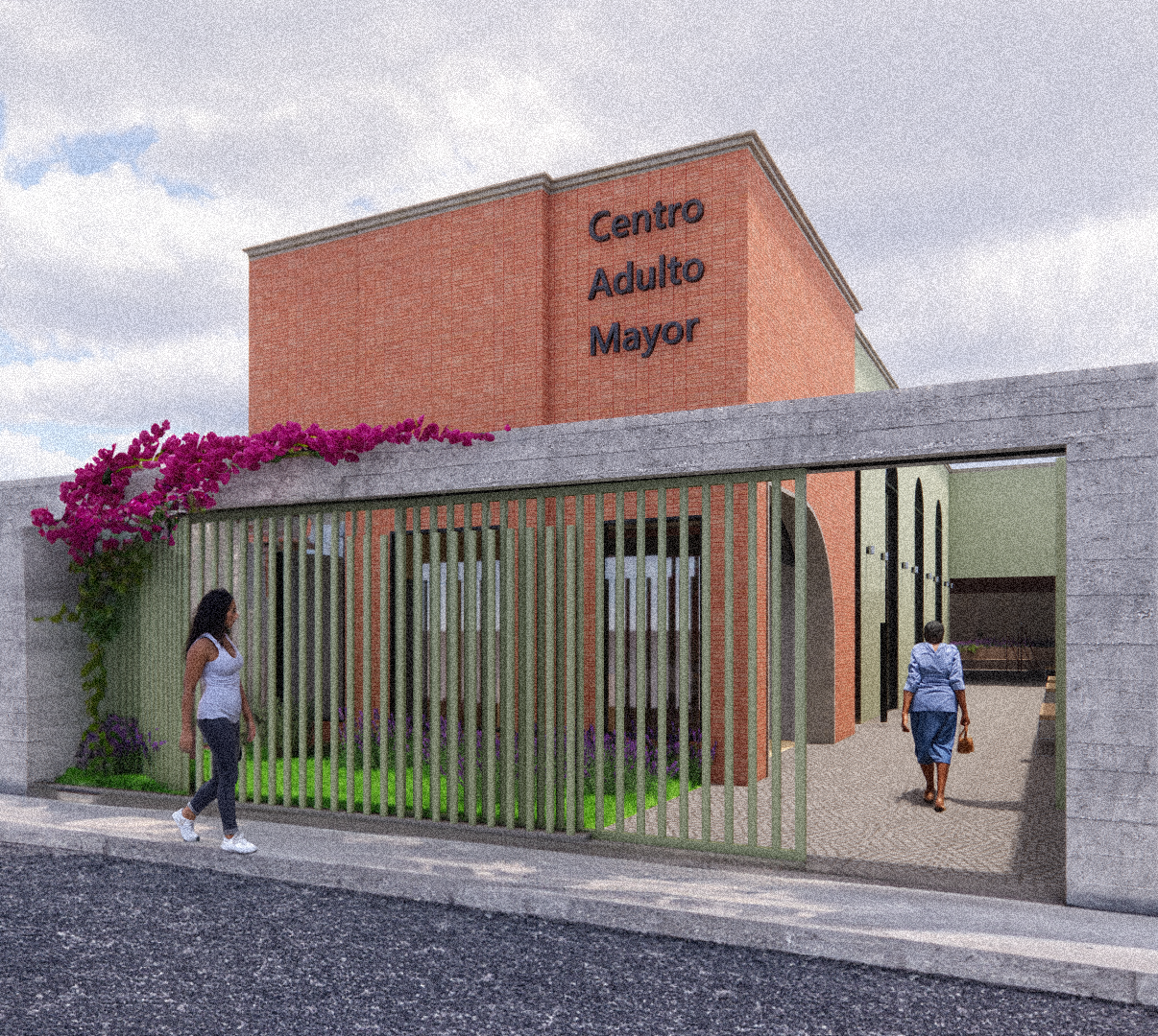Dos personas caminan frente a un edificio que dice centro adulto mayor