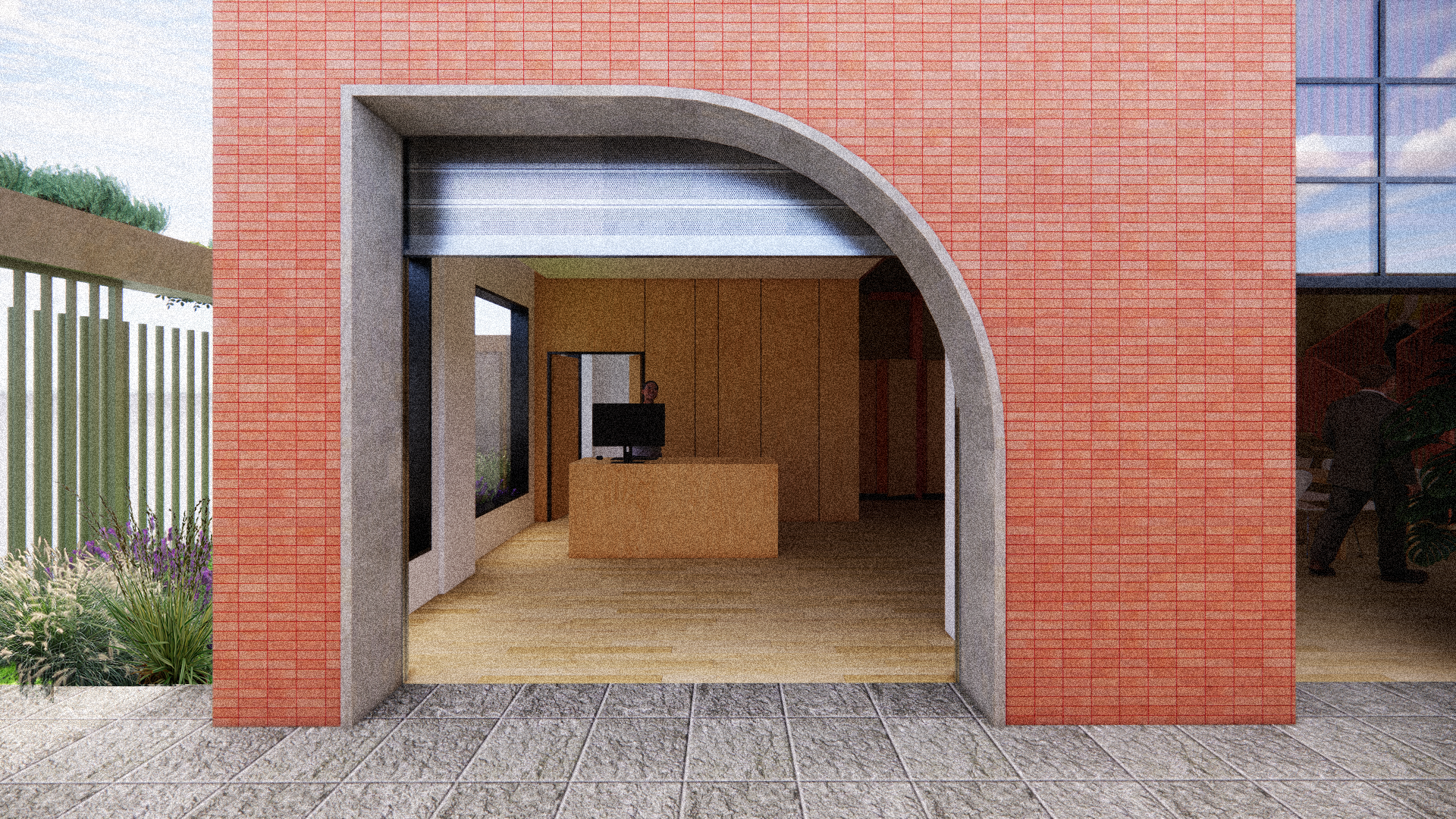 Una impresión artística de una casa con la puerta del garaje abierta.