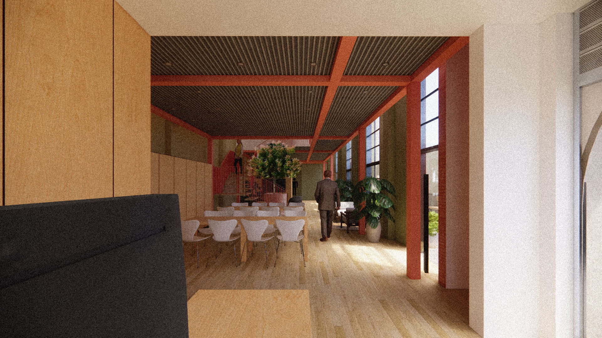 Una impresión artística de un comedor con mesas y sillas.