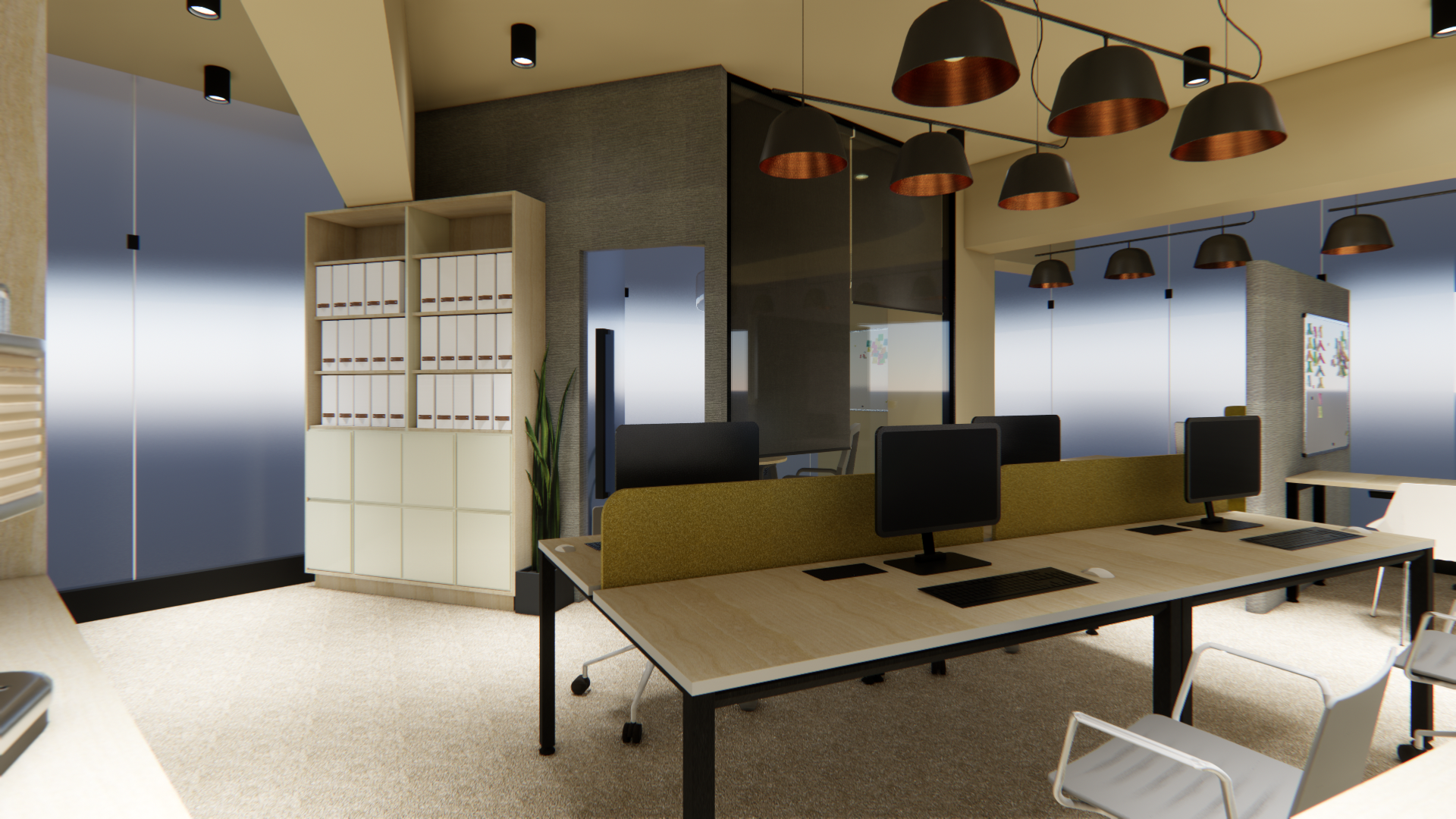 Una imagen generada por computadora de una oficina con muchos escritorios y sillas.