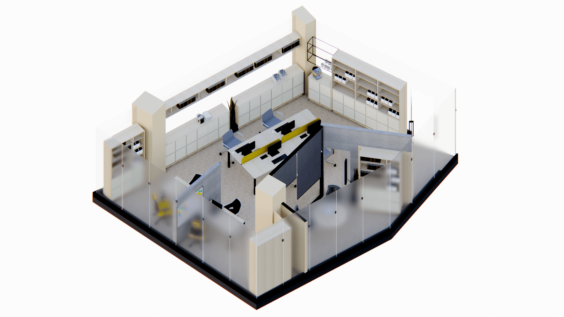 Un modelo 3D de una cocina con un televisor en la pared.