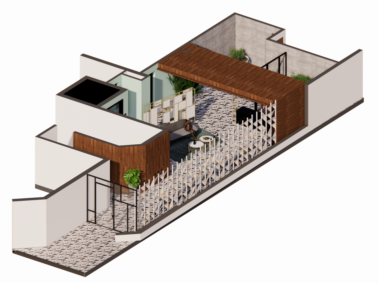 Una vista isométrica de una casa con patio y cerca.