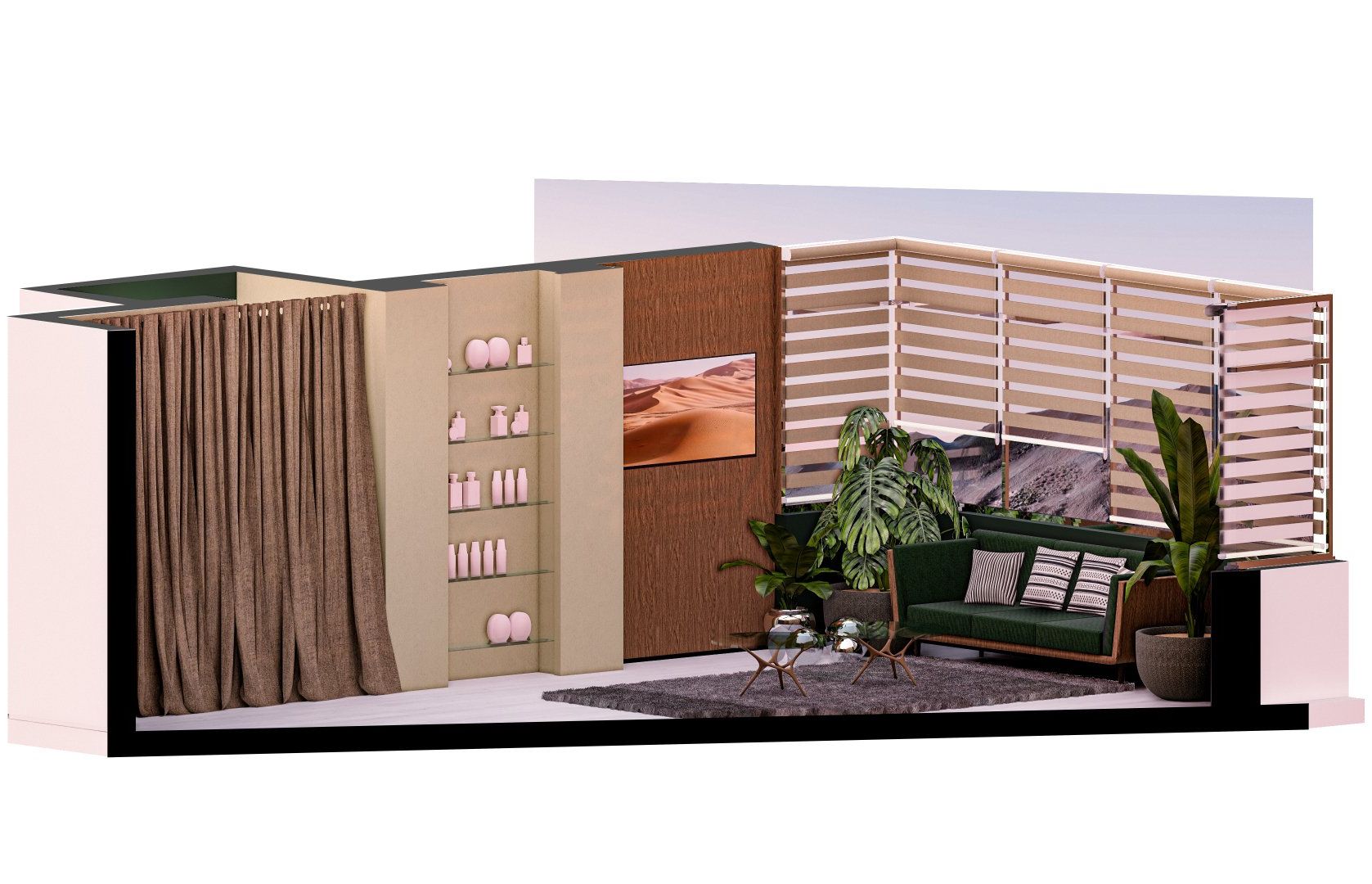 Un modelo 3D de una sala de estar con un sofá verde y plantas.