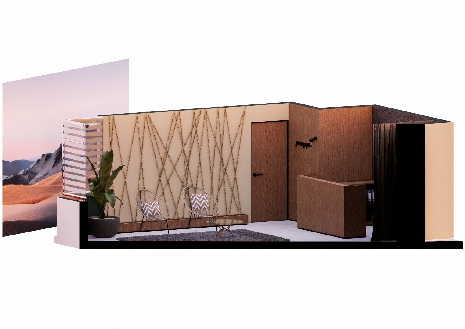 Una habitación con dos sillas, una mesa y una puerta.