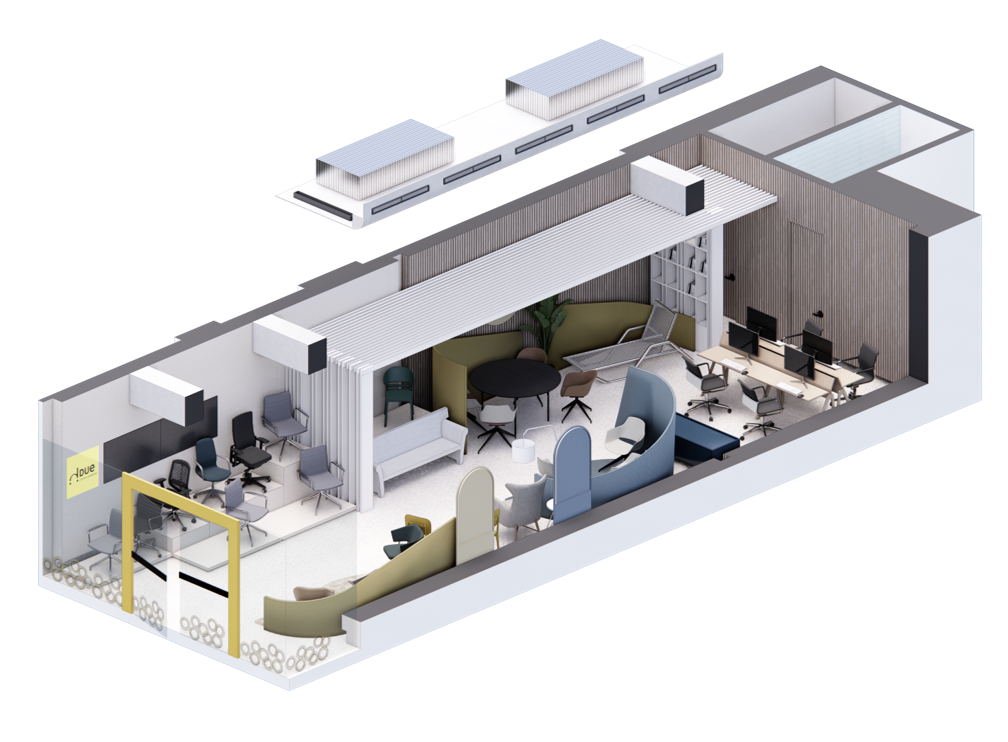 Una vista isométrica de una habitación con muchos muebles.