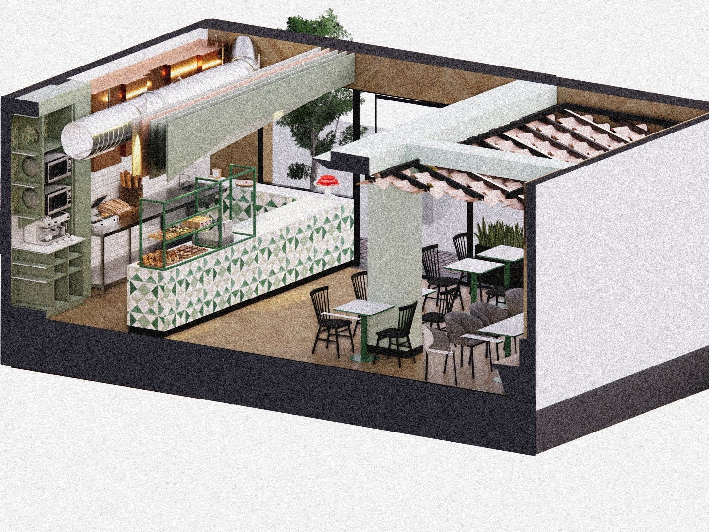 Un modelo 3D de un restaurante con mesas y sillas.
