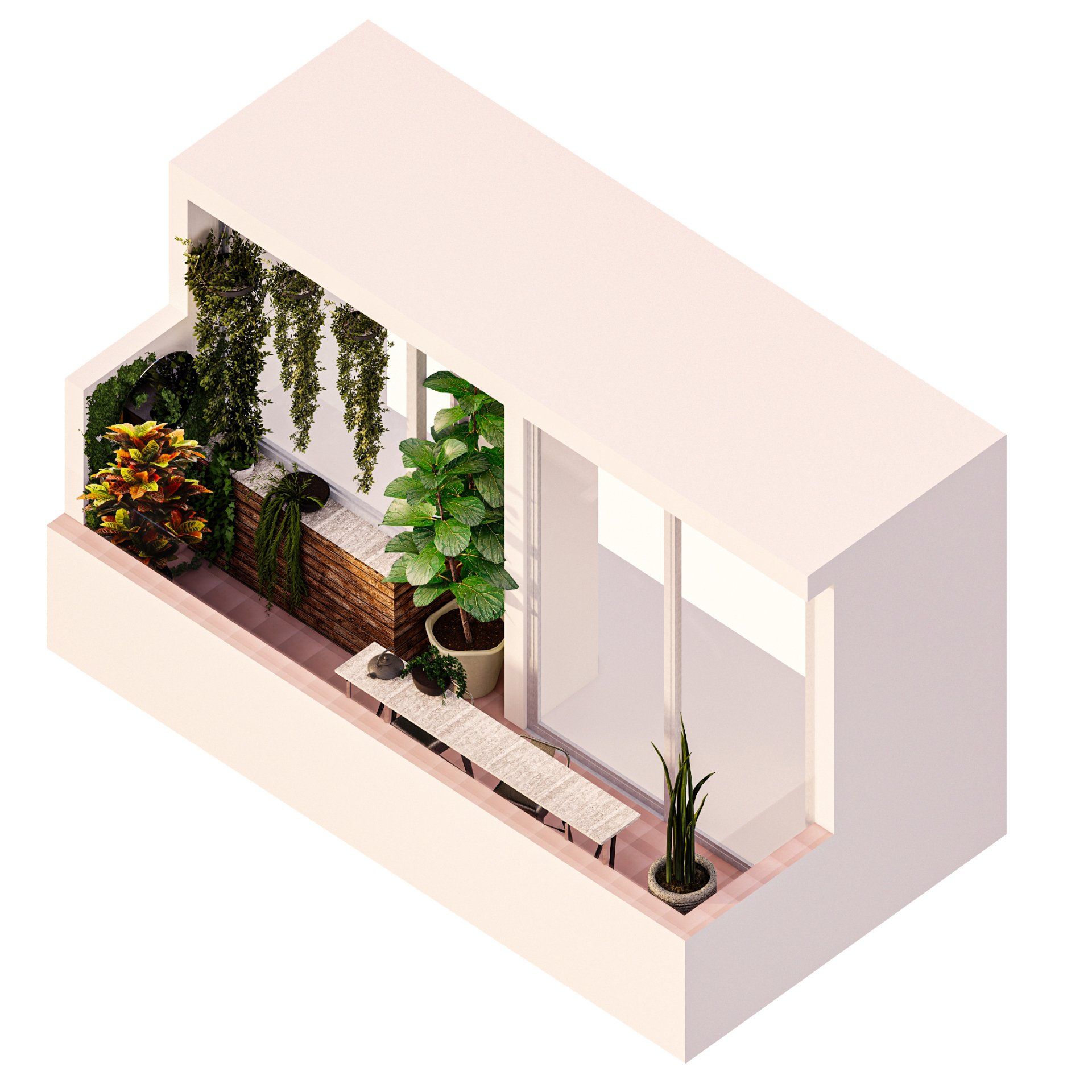 Una vista isométrica de un balcón con plantas y un banco.