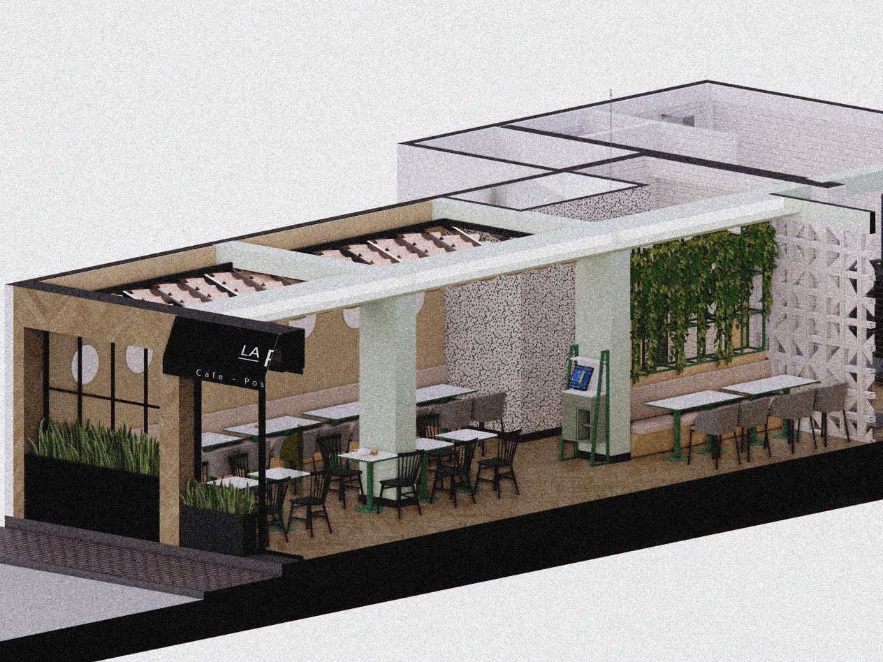 Impresión artística de un restaurante con mesas y sillas.