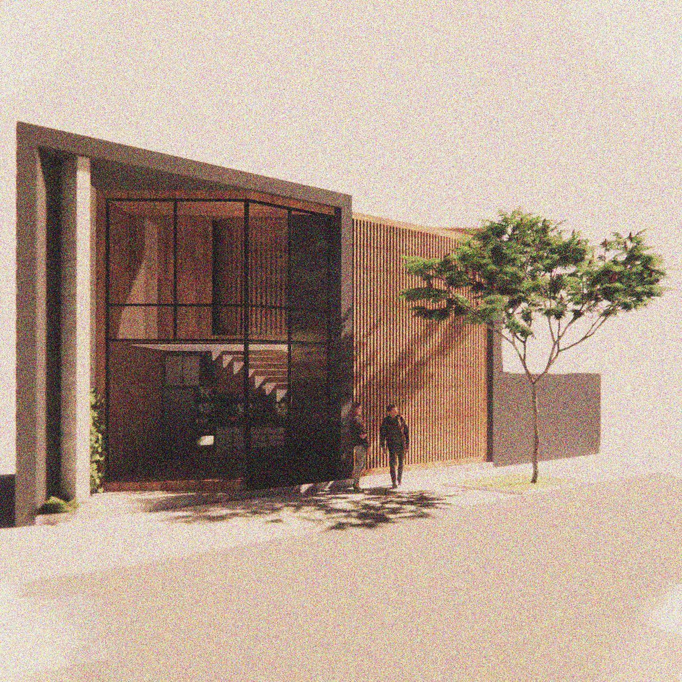 Impresión artística de una casa moderna con un árbol delante de ella.