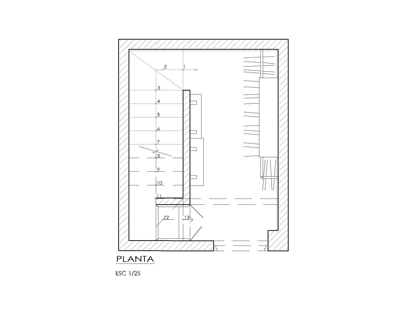 Un dibujo en blanco y negro de una habitación con una escalera.
