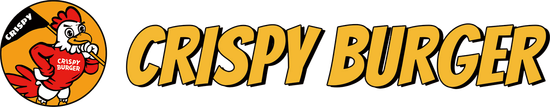 Crispy Burger logo with a cartoon burger mascot and bold yellow text on a white background