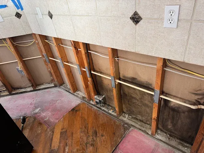 Exposed wall in a kitchen, showing framing, wiring, and black mold.  The floorboards and tile are also visible.