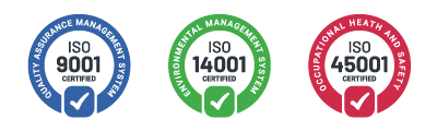 Tres distintivos de certificación ISO: ISO 9001 azul, ISO 14001 verde e ISO 45001 roja.