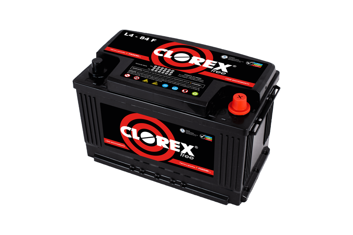 Batería de automóvil COREX negra con logotipo rojo y blanco sobre fondo blanco.