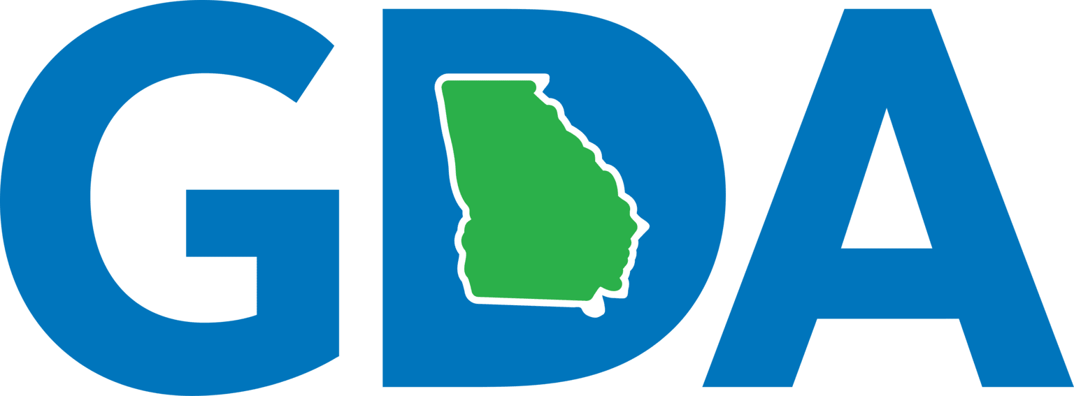 A blue and green logo for gda with a map of georgia in the middle.