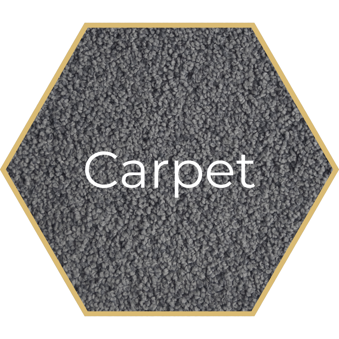 Gray carpet sample in a gold-bordered hexagon, labeled