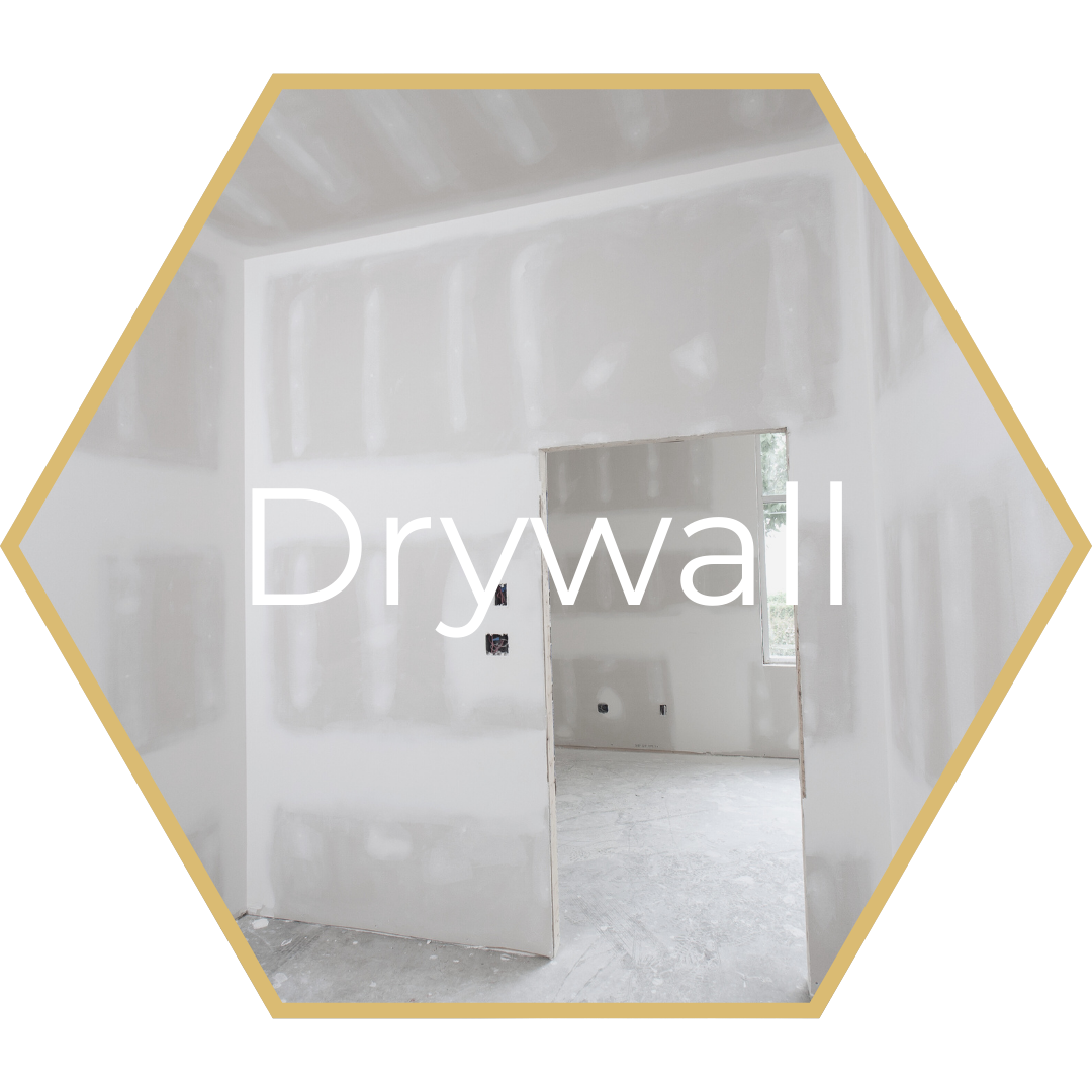 Drywall interior, room construction with unfinished walls and doorway, framed by a gold hexagon.