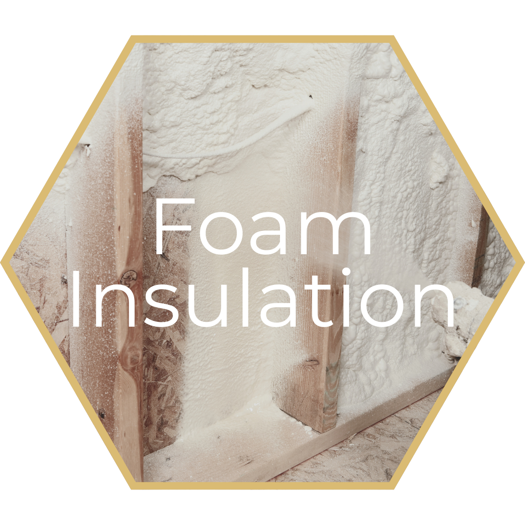 Hexagon graphic of wood framing with white foam insulation, text