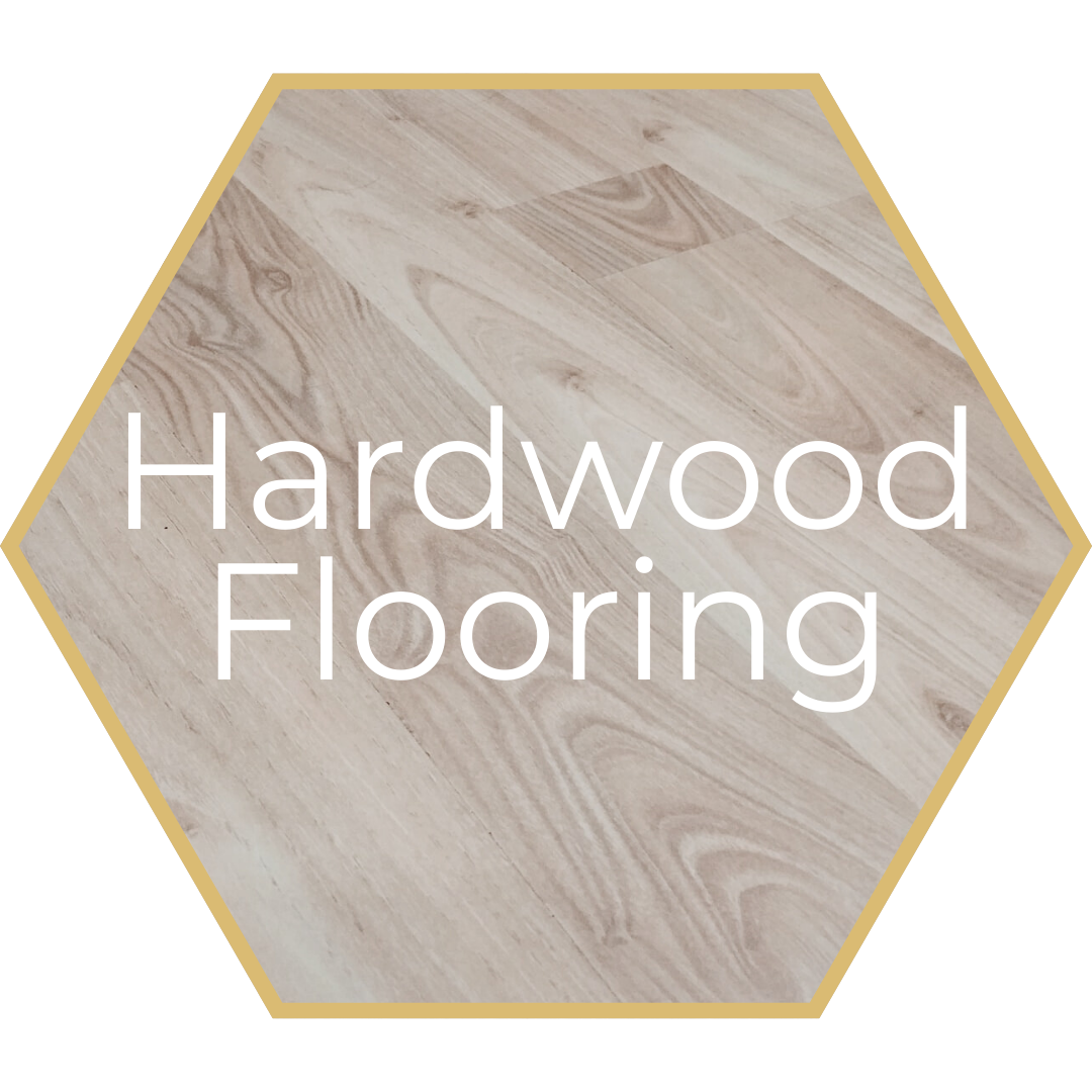 Hardwood flooring sample, with light-colored woodgrain inside a gold-bordered hexagon; text reads