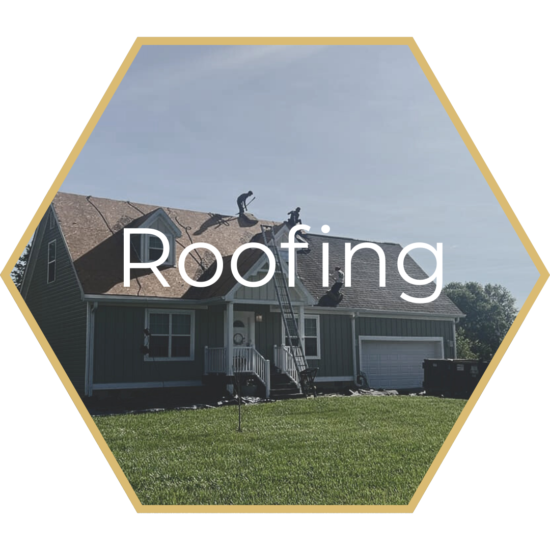 Roofers working on a house roof. Green house, blue sky. Text: Roofing.